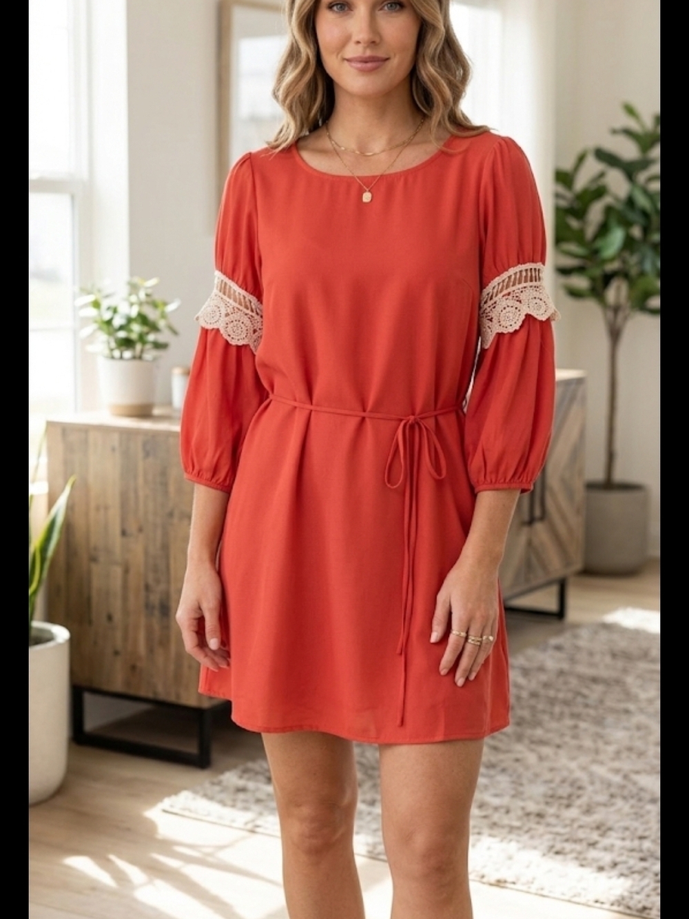 Women's Red Lace-Trim Tie-Waist Dress